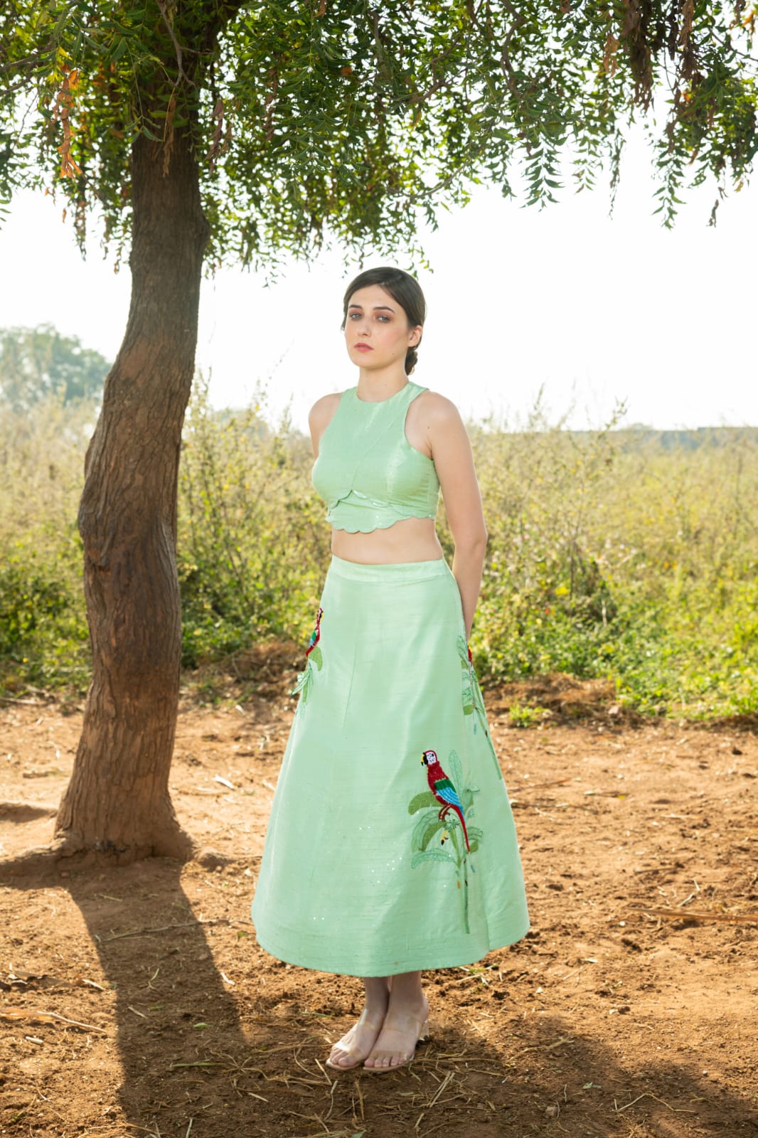 Red parrot sage green skirt set