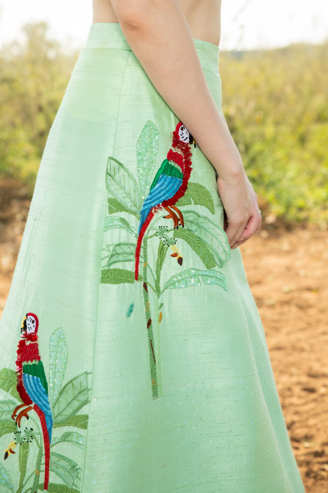 Red parrot sage green skirt set